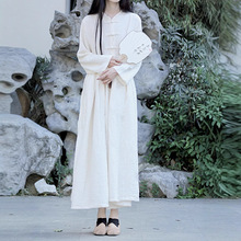 棉麻女装文艺复古双层棉纱大摆长袖盘扣连衣裙