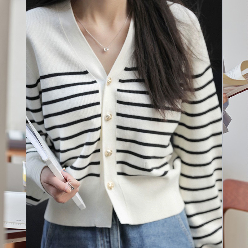 Autumn New style salt style Marine style lightweight breathable striped control B- in V-neck knitted cardigan women/round neck pullover chic
