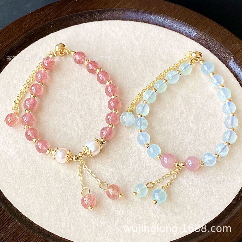 Natural Crystal Freshwater Pearl Strawberry Crystal Aquamarine Lazorite Moonstone Amber Beeswax Bracelet Jewelry