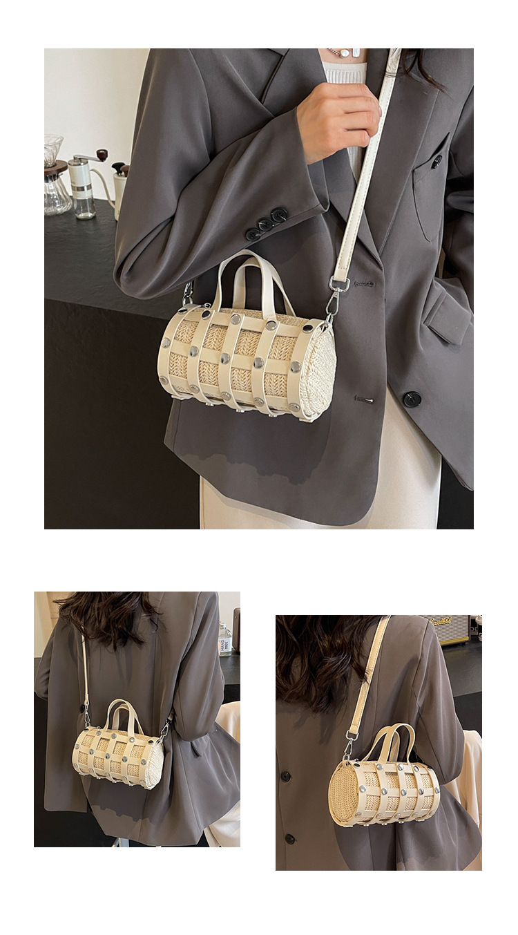 Women's Medium Straw Solid Color Vintage Style Streetwear Rivet Zipper Crossbody Bag display picture 10