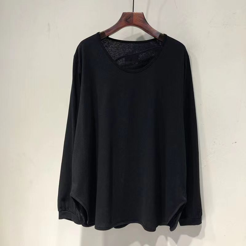 大码女装U领纯色长袖上衣女秋季新款弧形下摆宽松慵懒中长款上衣|undefined