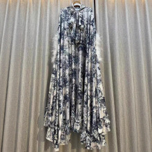 外貿女裝復古幾何印花蝴蝶結領拼接羽毛袖口套頭連衣裙寬松蓬蓬裙