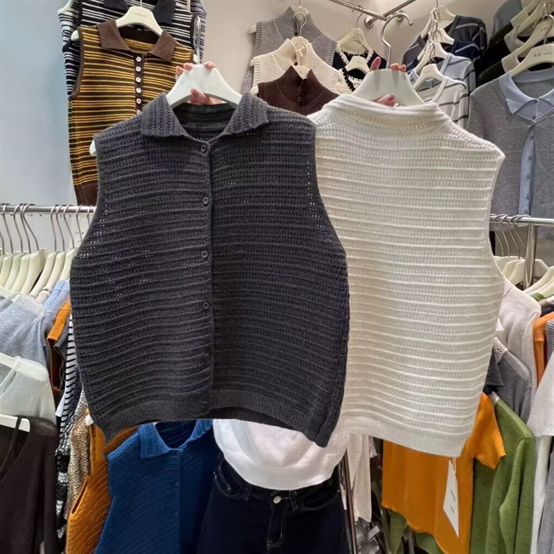 Women's loose-fitting versatile round-neck sleeveless vest, comfortable hollow-out knit top, vintage artistic casual knitwear