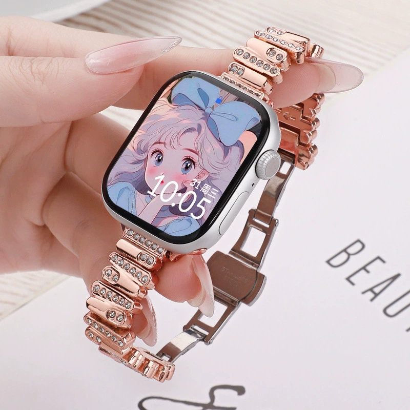 Подходящие для Apple iwatch8/9/10 ремешок металл некруглый бриллиантовый ремешок Applewatch женские часы