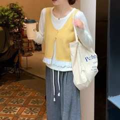 少女感甜美蕾丝拼接针织吊带背心女秋季2025圆领长袖T恤两件套装
