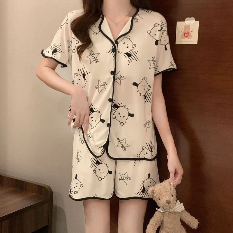 Popular Pajamas with Breast Pads for Women Summer Thin Short-Sleeved Shorts Cartoon Cute Ladies Button Home Clothes Set