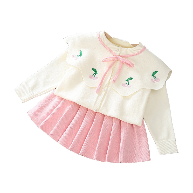 Höst och vinter Nya söta flickor Tecknad körsbärsstickad rosett Stor flipkrage Söt tröja Set kjol_voghion.com
