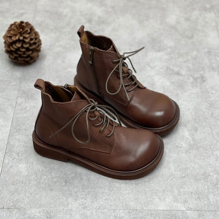 2024 Autumn and Winter New Doll Head Literary Retro Genuine Leather Women's Short Boots Soft Leather Soft Bottom Side Zipper Casual Martin Boots