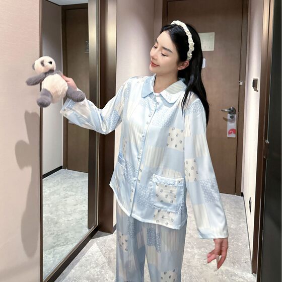 Yase [Girl Pictorial] Spring New Ice Silk Long Sleeve Smash Flower Elegant Thin Cute Cartoon Pajamas