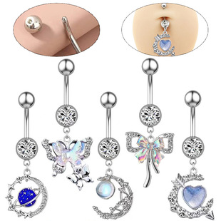 Amazon Cross-border Hot Sale Navel Ring with Diamond Moon Planet Butterfly Umbilical Ornament with Diamond Stainless Steel Perforated Navel Ring