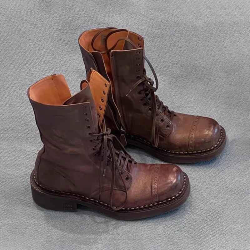 牛皮版~新款真皮做旧中筒机车马丁靴女美拉德厚底粗跟短靴骑士靴