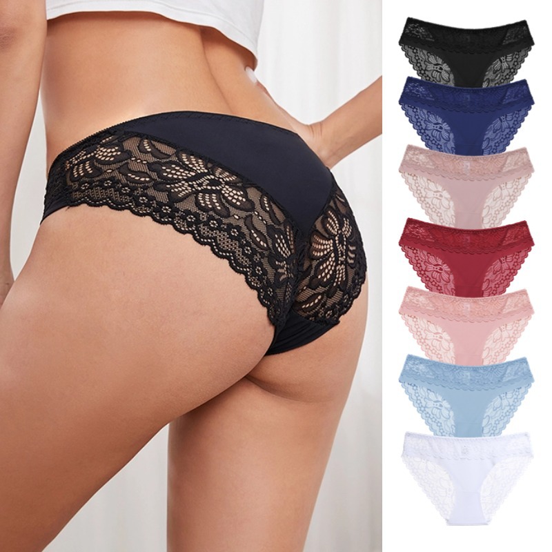 Foreign Trade Best Selling Stitching Lace Underwear Women's Ice Silk Comfortable Breathable Ladies Briefs French Romantic Girls' Trousers