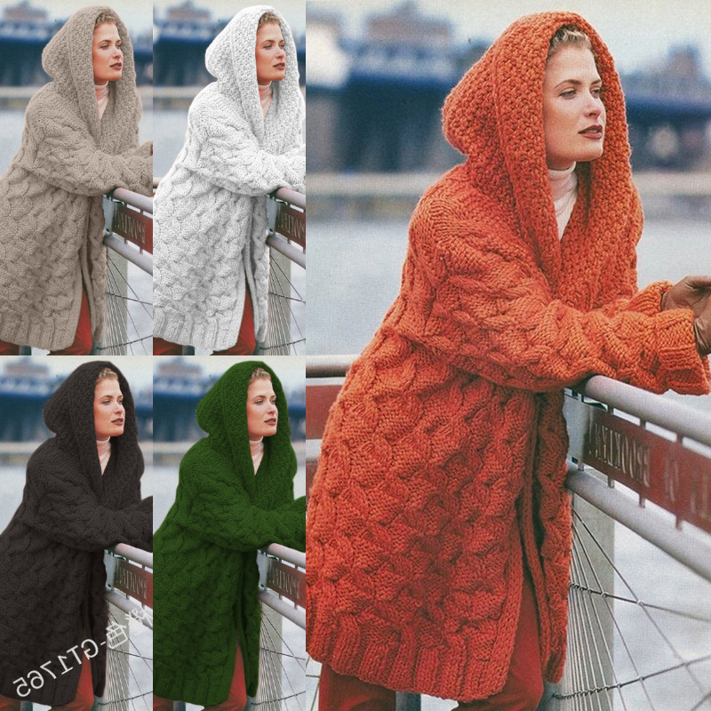 Cross-border Amazon New 2023 Autumn and Winter New European and American Women's Cardigan Twist Thickened All-match Hooded Sweater Cross-border Amazon New 2023 Autumn and Winter New European and American Women's Cardigan Twist Thickened All-match Hooded Sweater