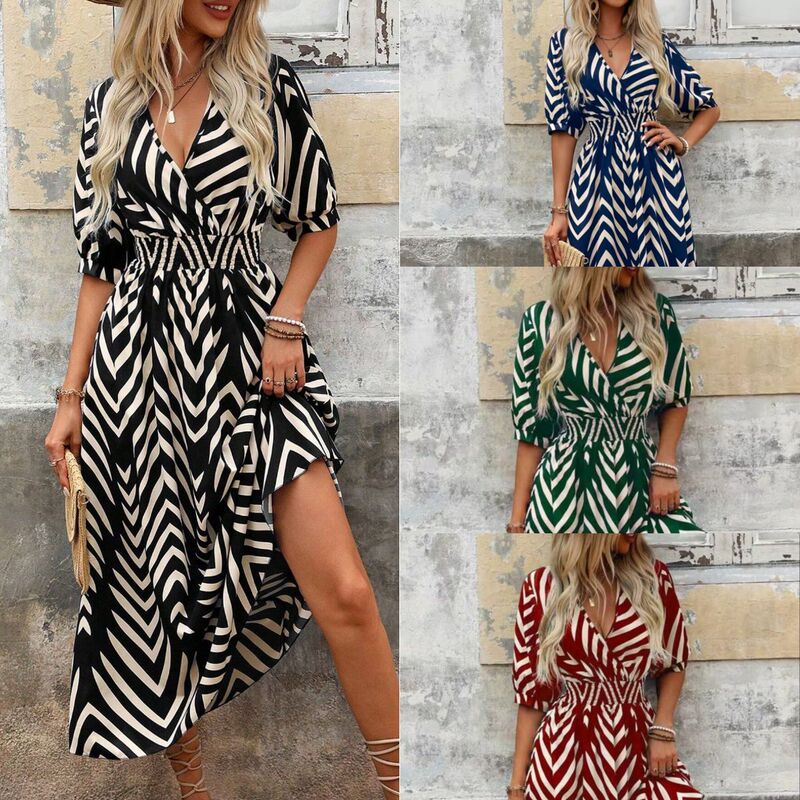 Black and white striped dress cross-border new style high-end female summer dress low-cut waist design wholesale