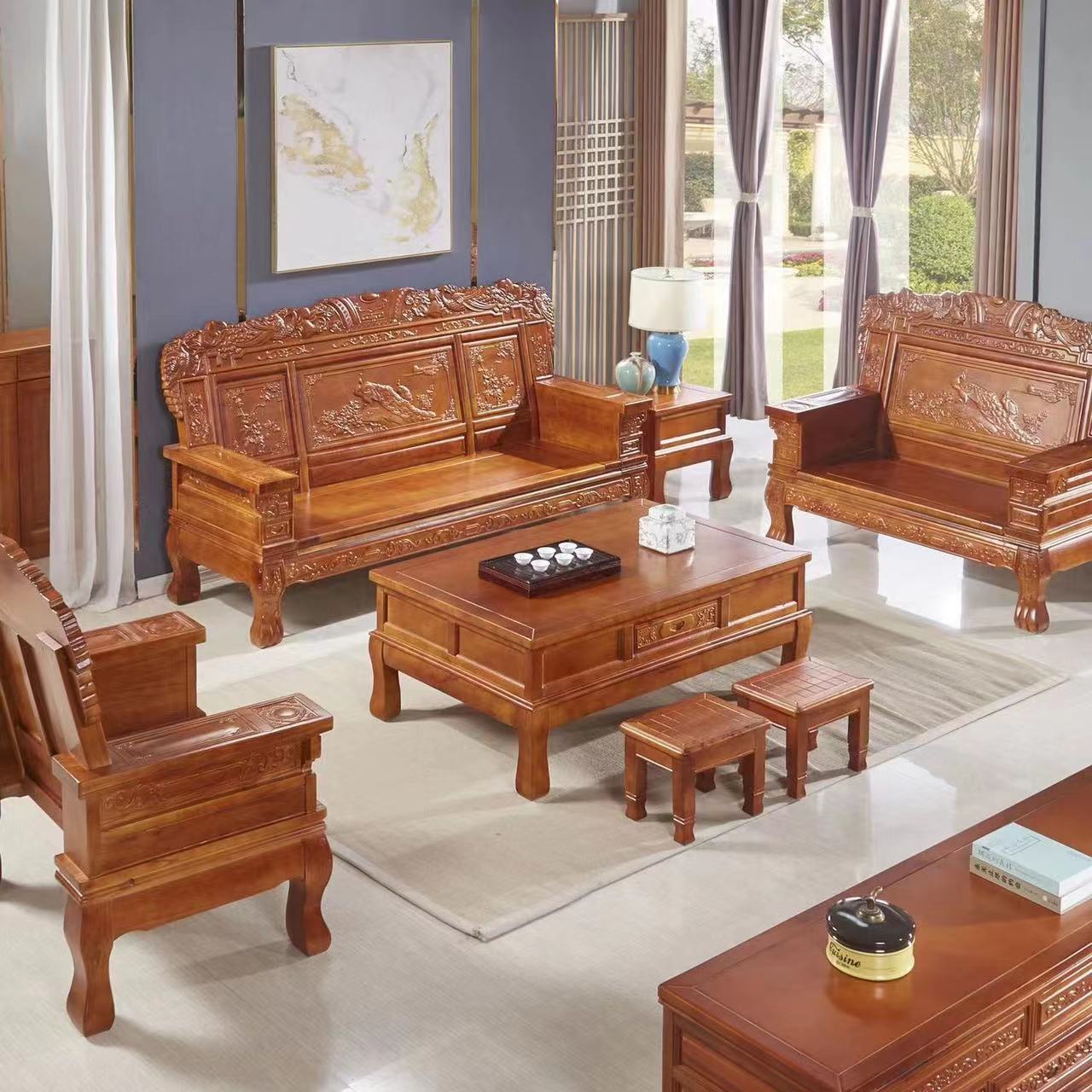中式特价实木沙发茶几大户型组合木质仿古雕花客厅家用农村经济型