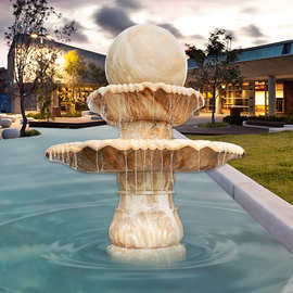 风水球石雕喷泉别墅大型水景流水雕塑摆件黄锈石园林石花岗岩水钵