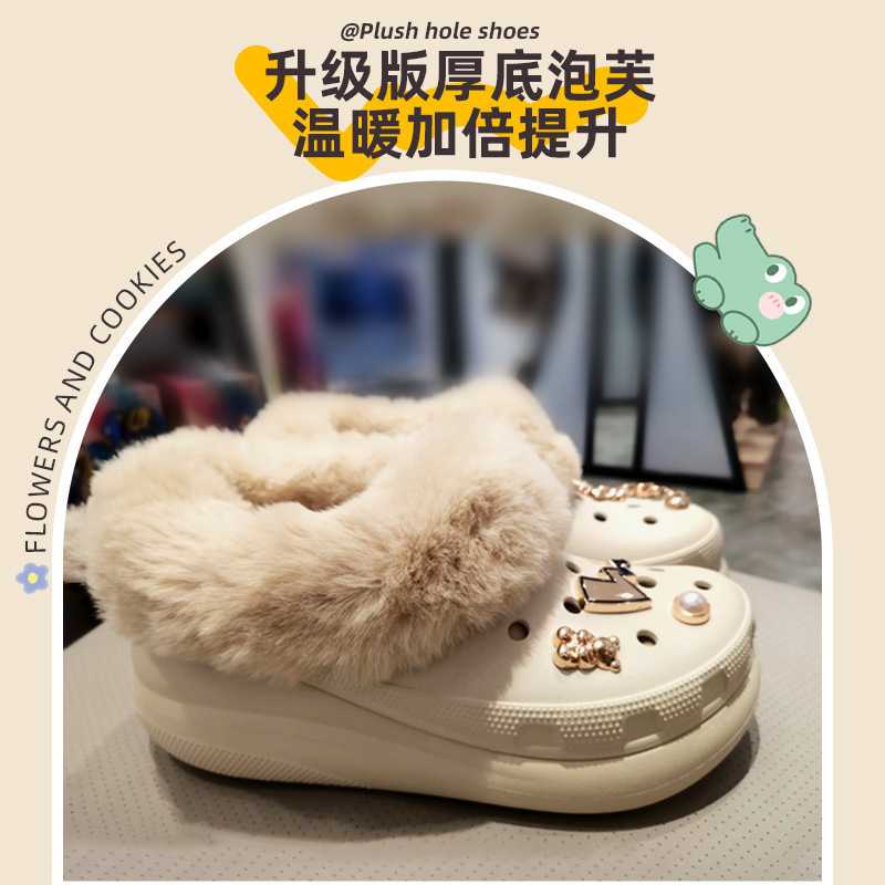 Star and Moon Puff Clogs with Rabbit Fur Lining for Women, Winter Thickened Snow Boots with Plush Lining