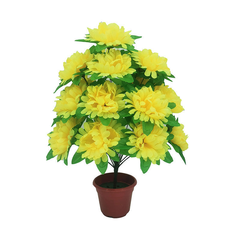 18-headed chrysanthemum with leaves (yellow) 1 branch - 1 branch + flowerpot quality choice