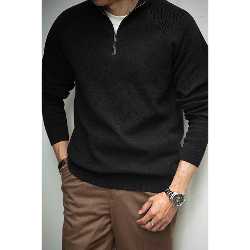 Tooling American Style Vintage High Twist Long-staple Cotton Half-turtleneck Zipper Polo Sweater Slim-fit Spring and Autumn Men's Sweater