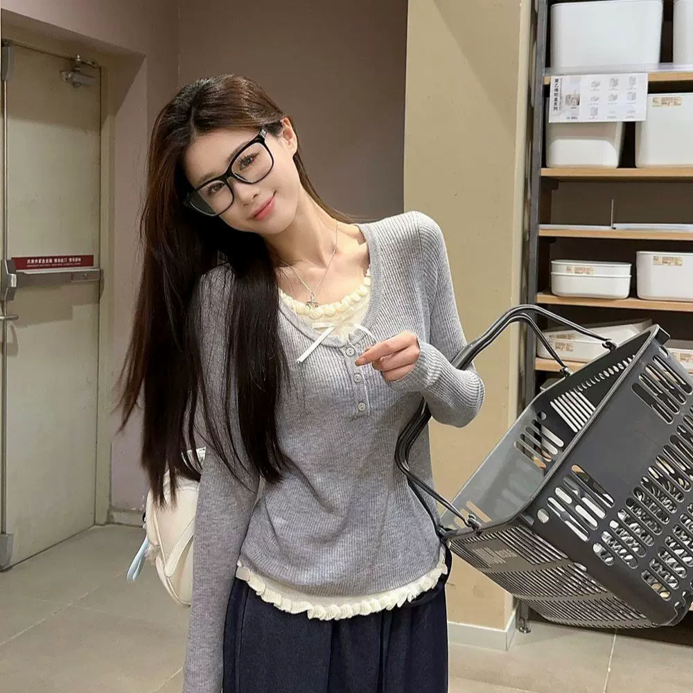 小香风假两件正肩长袖t恤女装春秋小个子设计感小众显瘦百搭上衣