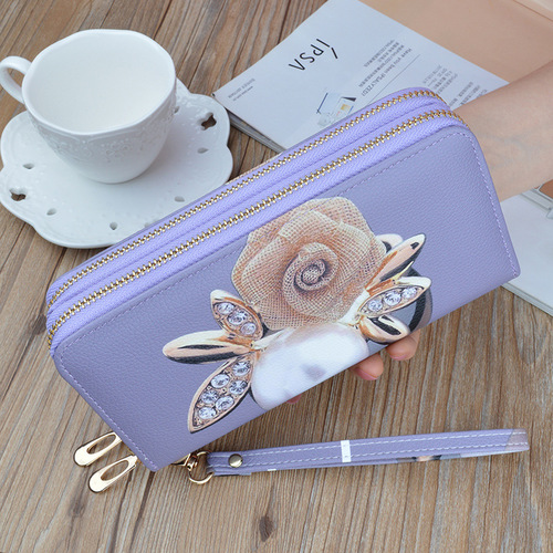 New double zipper hand wallet women's long soft wallet fashionable printing large capacity double layer wallet mobile phone bag