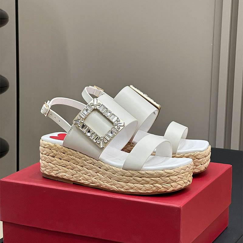 Straw woven fashionable sandals with rhinestones wedge heel platform