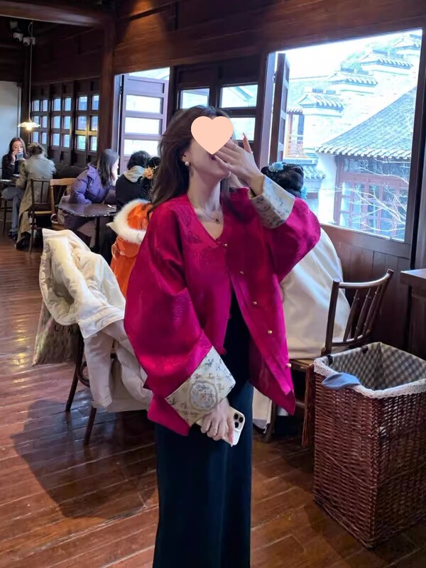 新中式国风玫红色外套女秋季大码胖气质设计感好看盘扣开衫上衣|undefined