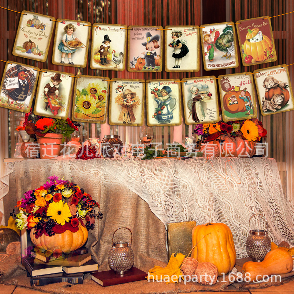 秋季复古感恩节方形装饰横幅 复古南瓜拉花 万圣节圣诞节 拉旗 新