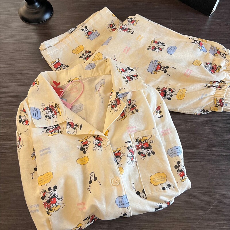 Cartoon Mickey Mouse Girl's Pajamas, Spring and Autumn Cardigan, Lapel Collar, Long-Sleeved Pants Set, Lazy Style, Can Be Worn Outside as Loungewear Cartoon Mickey Mouse Girl's Pajamas, Spring and Autumn Cardigan, Lapel Collar, Long-Sleeved Pants Set, Lazy Style, Can Be Worn Outside as Loungewear