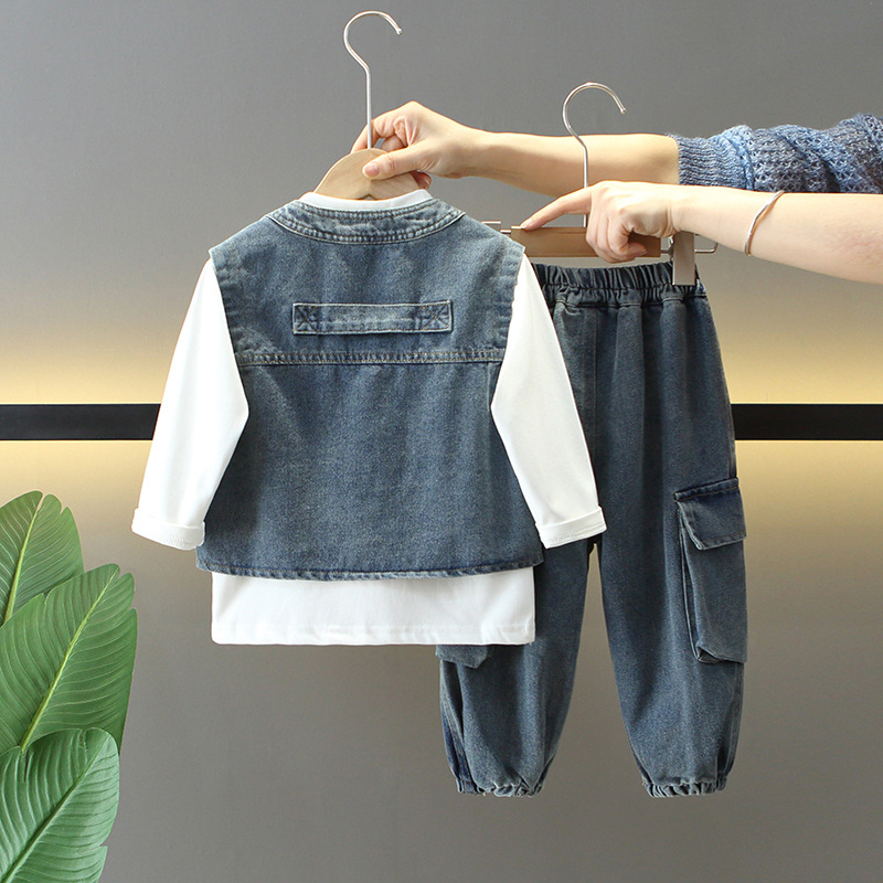 7725 Traje de primavera para niños 2025 Nuevo chaleco de mezclilla para niños Traje de tres piezas para bebés Primavera y otoño Ropa coreana Tendencia