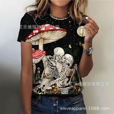 有趣的印花T恤植物图案3D打印女性休闲短袖蘑菇元素圆领T恤女上衣|undefined
