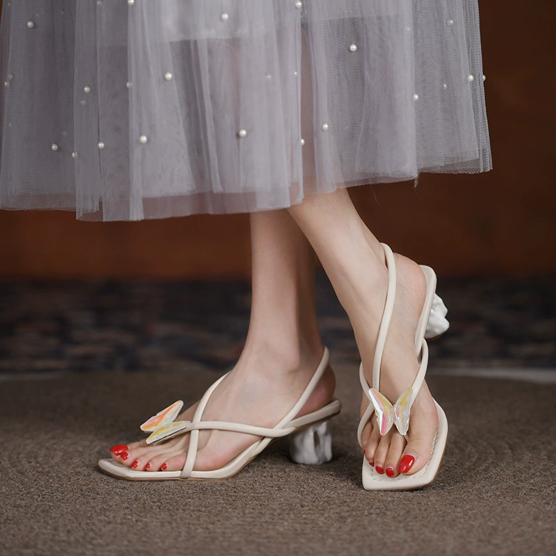 Фея Ветер-бабочка декоративные тапочки на высоком каблуке 2025 Новый стиль шлепанцы женские кожаные каблуки 33-40 ярдов