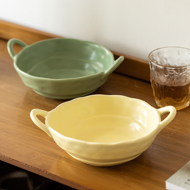 Irregular Hand Kneading Double Ear Bowl Not Hot Tableware Ceramic Bowl Simple Solid Color Household Vegetable Bowl Soup Bowl Salad Bowl
