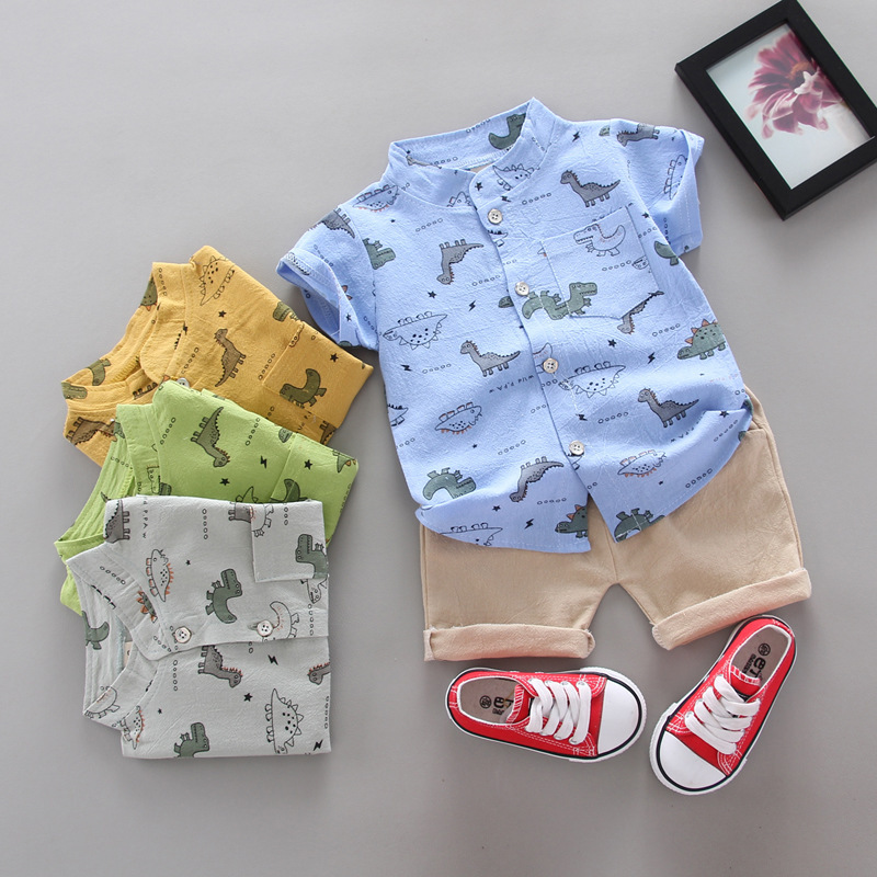 Children's Short Sleeve Suit Boy Cartoon Dinosaur Pattern Shirt Suit Manufacturer Wholesale Support Cross-Border 1 Piece Dropshipping