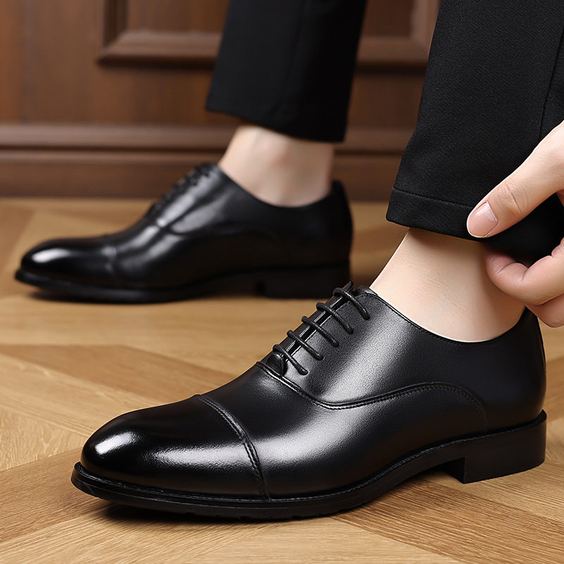Giày da nam công sở da bò lớp đầu buộc dây mũi nhọn gót gỗ — Màu nâu đậm, màu đen