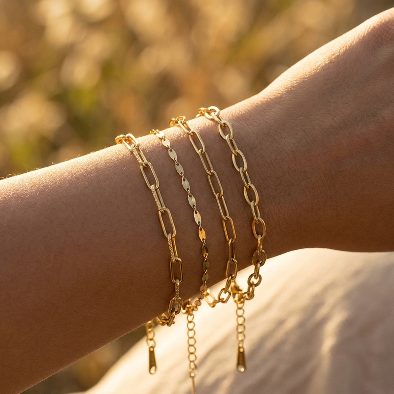 INS fashion style European and American simple gold multi-layer stacked bracelet for women, titanium steel paperclip plain chain bracelet wholesale INS fashion style European and American simple gold multi-layer stacked bracelet for women, titanium steel paperclip plain chain bracelet wholesale