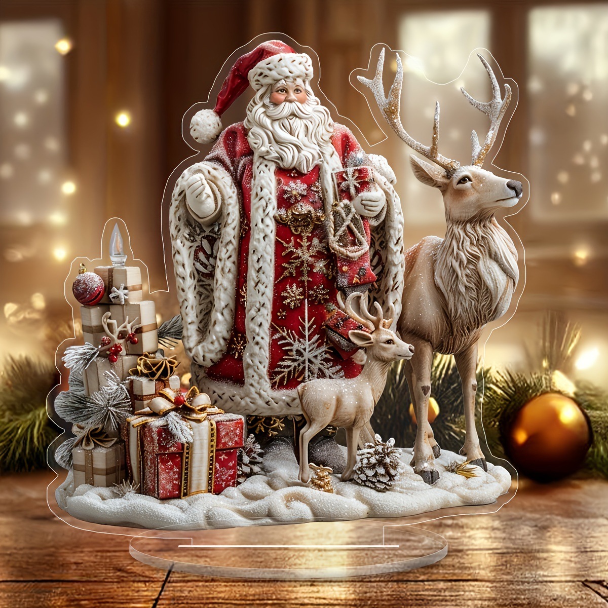 Papá Noel estilo bohemio con reno acrílico mostrando decoraciones navideñas