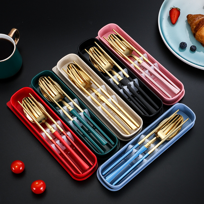 Stainless steel Xiaomanjiao spoon, fork, and chopsticks set, student portable cutlery three-piece set, single-person use, with carrying case