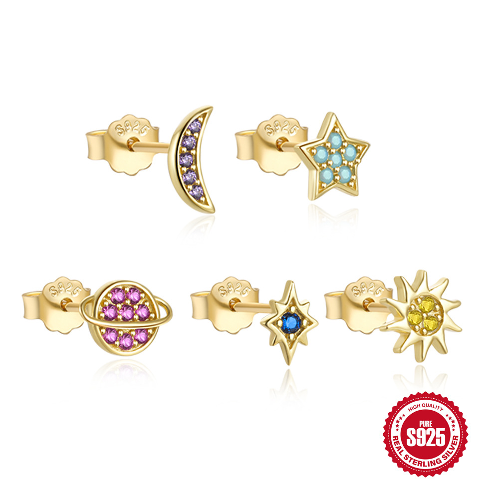 Nuevo conjunto de estrella y luna de Plata de Ley 925, colorido, Empress Planet, elegante y versátil, conjunto de 5 piezas de pendientes y pendientes