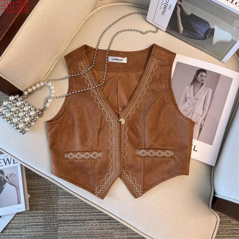 [in stock] Bohemian retro heavy-work embroidered vest deerskin velvet vest women's western Denim vest jacket