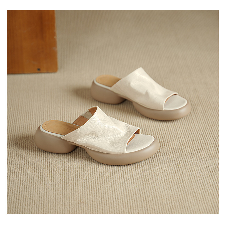 Sandal nữ hở mũi gót thấp đế dày 4cm da dê — màu trắng ngà chi tiết 11