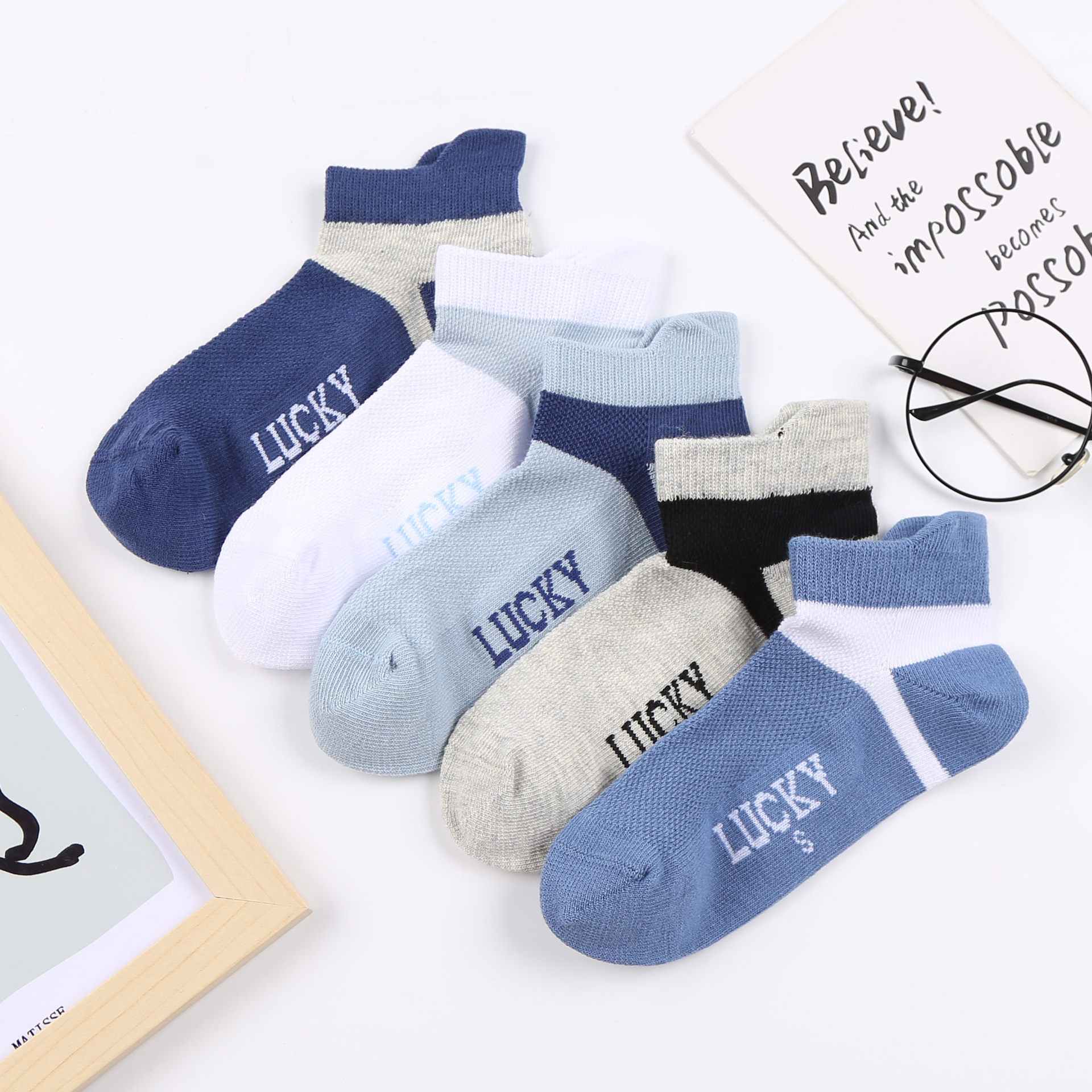 Children's Cotton Socks, Thin Combed Cotton, Summer Boys' Boat Socks, Short Socks, Medium and Large Kids' Boys' Socks, Breathable, Sweat-Absorbent, Soft