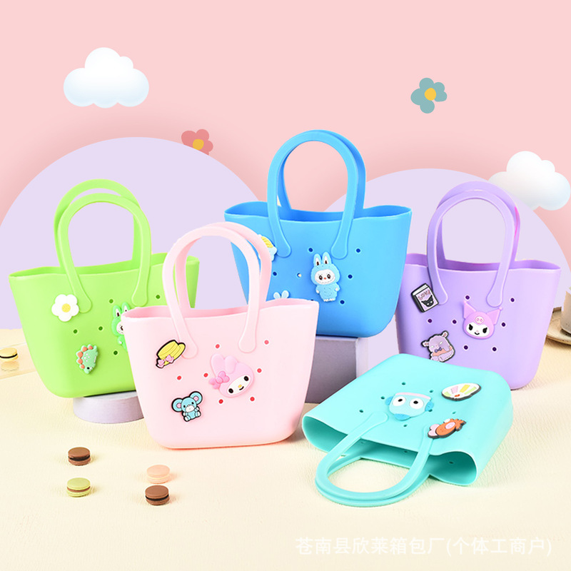 Children's DIY Silicone Bag Cartoon Coin Purse Beach Bag Hole Bag Large Travel Storage Handbag Vegetable Basket