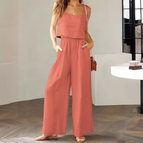 2025 Cross-border new style European and American foreign trade women's clothing 2-piece set square neck sleeveless tank top wide-leg pants casual suit 