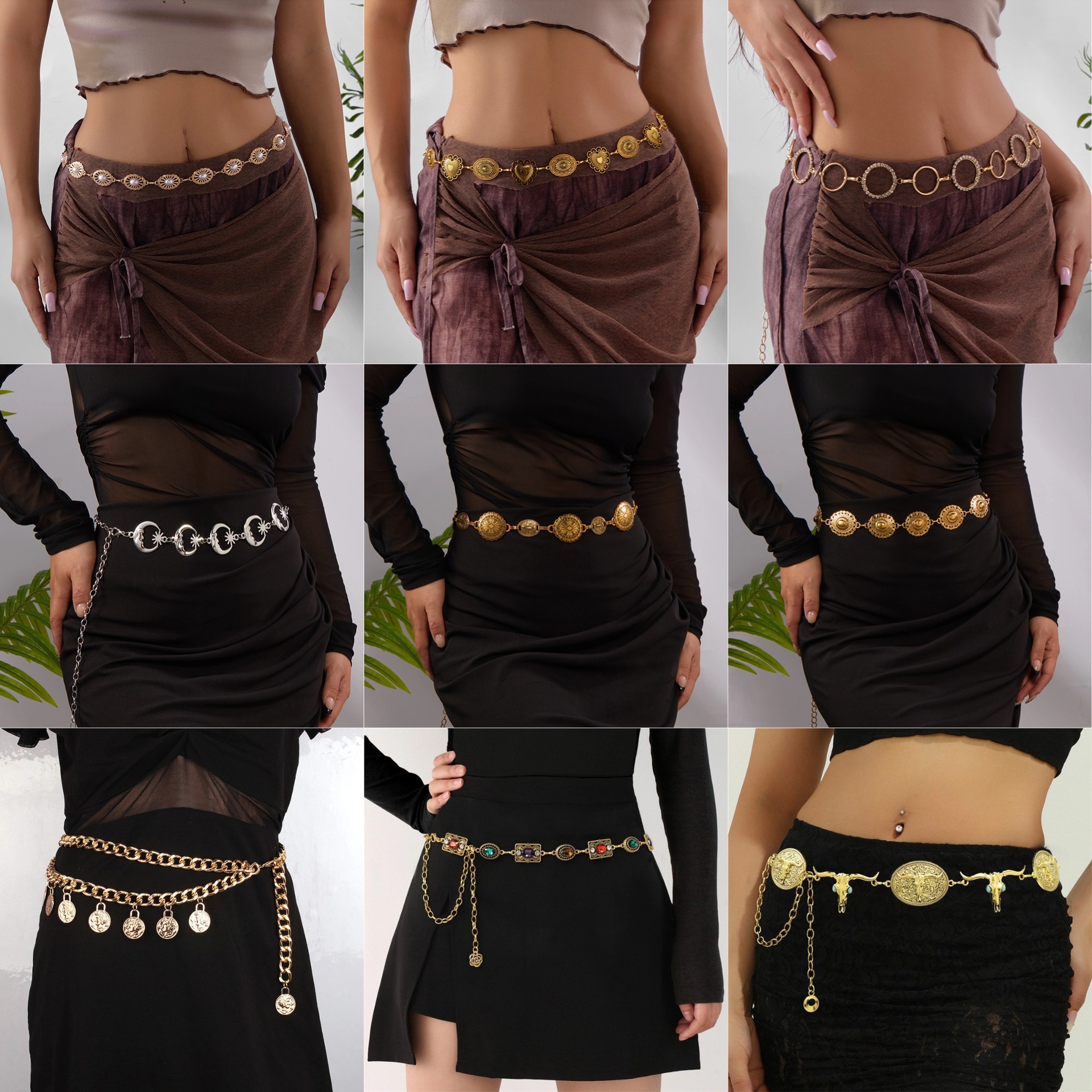 European and American Cross-Border Popular Retro Carved Pendant Tassel Waist Chain for Women, Sexy Double-Layer Beauty Head Relief Body Chain