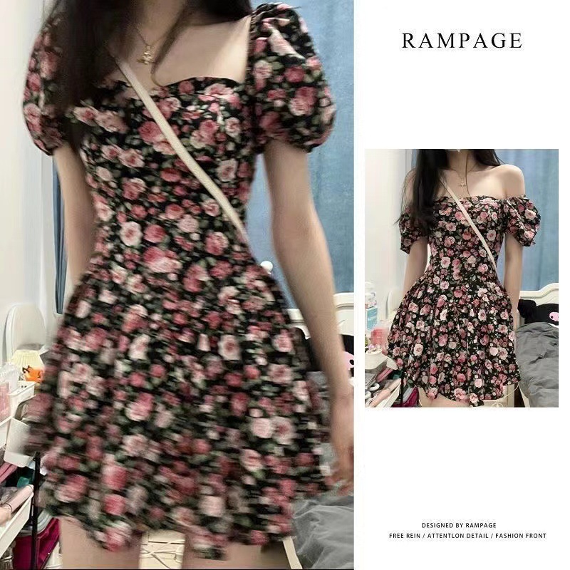 Rampage纯欲风甜辣玫瑰碎花连衣裙女夏季新款法式短裙收腰辣妹裙