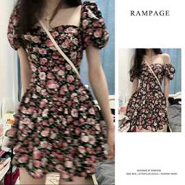 Rampage纯欲风甜辣玫瑰碎花连衣裙女夏季新款法式短裙收腰辣妹裙