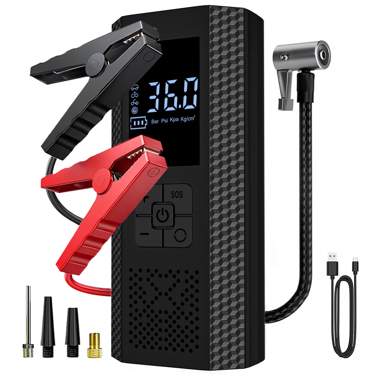 Black portable car air pump with digital display, preset tire pressure inflator, outdoor rescue emergency jump starter inflator