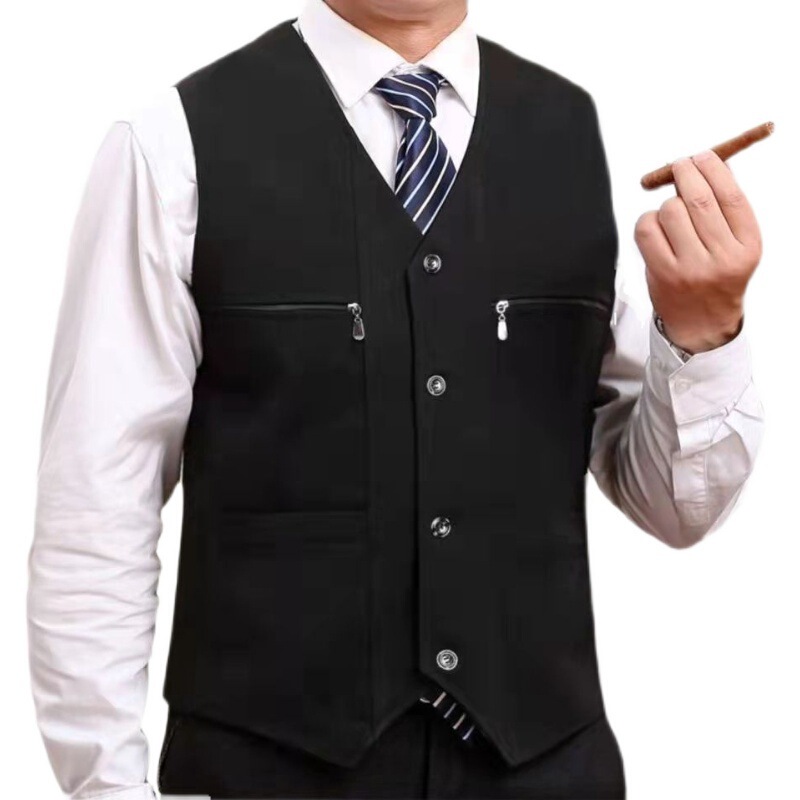 Middle-aged and Elderly Men's Vest Spring & Fall Thin Suit Vest Dad Wear Middle-aged Casual Vest Flap Pocket Pants Waistcoat Jacket