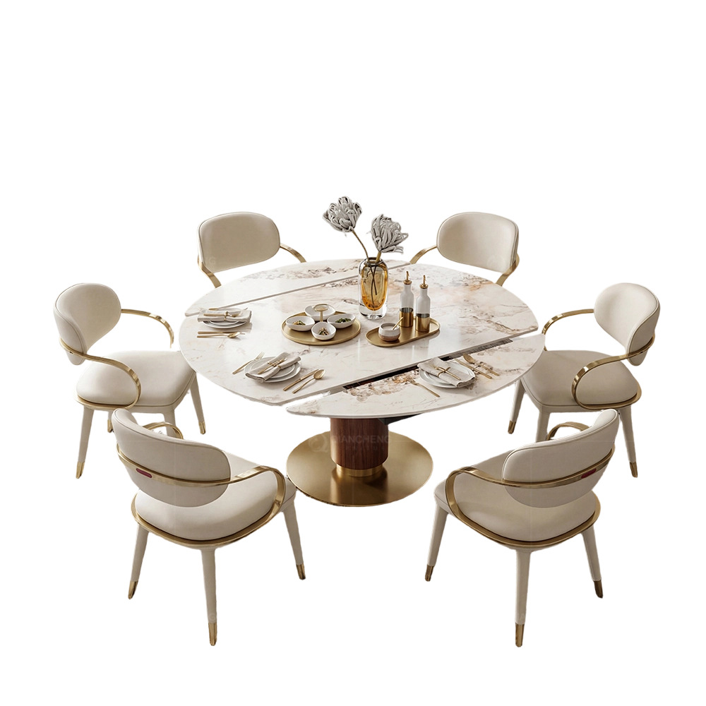 Mesa de Comedor Giratoria Extensible de Piedra Sinterizada y Acero Inoxidable para Comedor